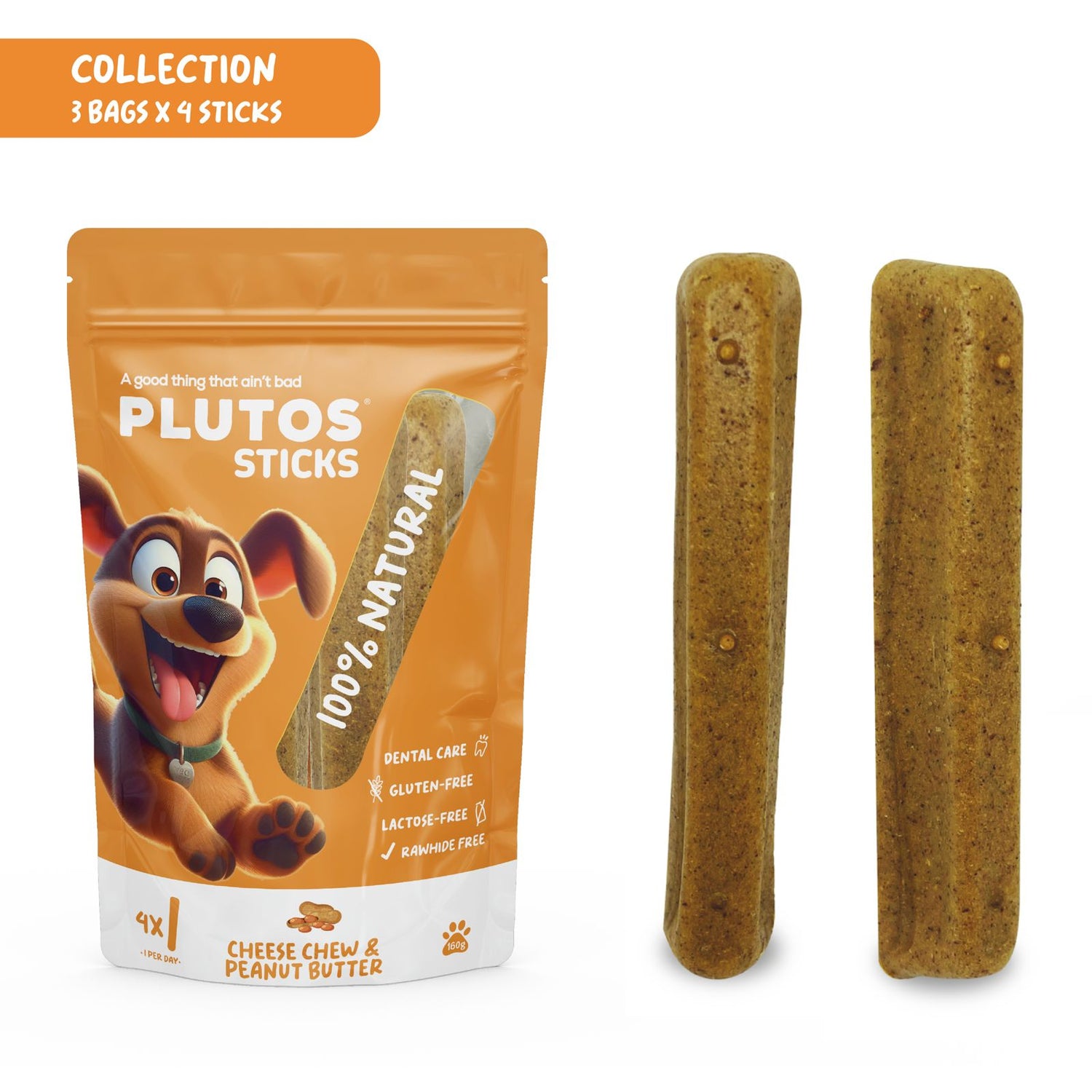 Plutos Cheese Dental Sticks — packaging detail, functional natural dog chew