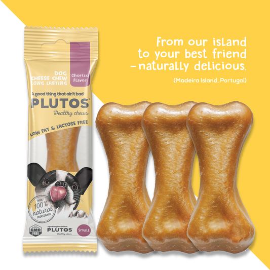 Plutos Cheese & Chourizo Chew — front pack shot, functional natural casein dog chew