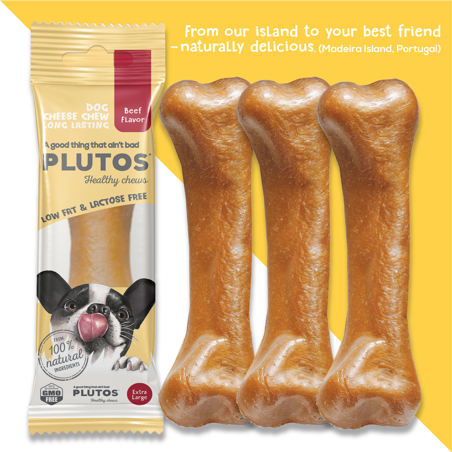 Plutos Cheese & Beef Chew — single chew close-up, functional natural casein dog chew