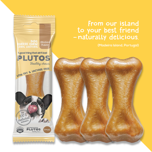 Plutos Cheese & Chicken Chew — front pack shot, functional natural casein dog chew