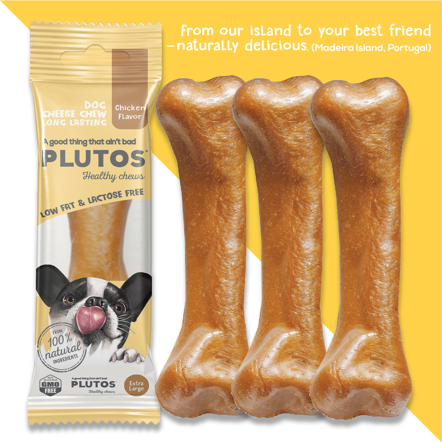 Plutos Cheese & Chicken Chew — single chew close-up, functional natural casein dog chew
